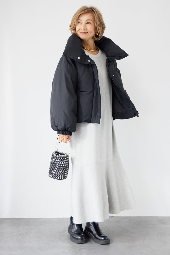 [SET]フレアヘムニットワンピース+スタンドカラー中綿ショートブルゾン(2set)