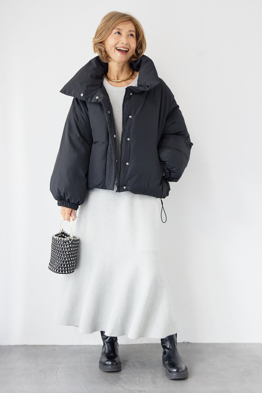 [SET]フレアヘムニットワンピース+スタンドカラー中綿ショートブルゾン(2set)