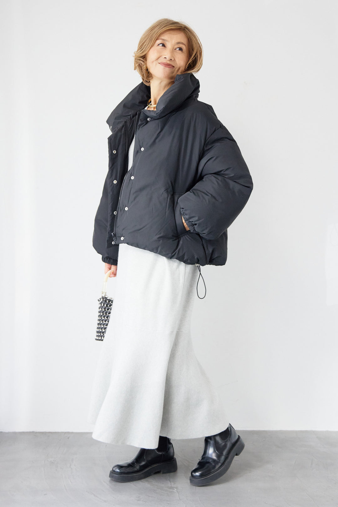 [SET]フレアヘムニットワンピース+スタンドカラー中綿ショートブルゾン(2set)