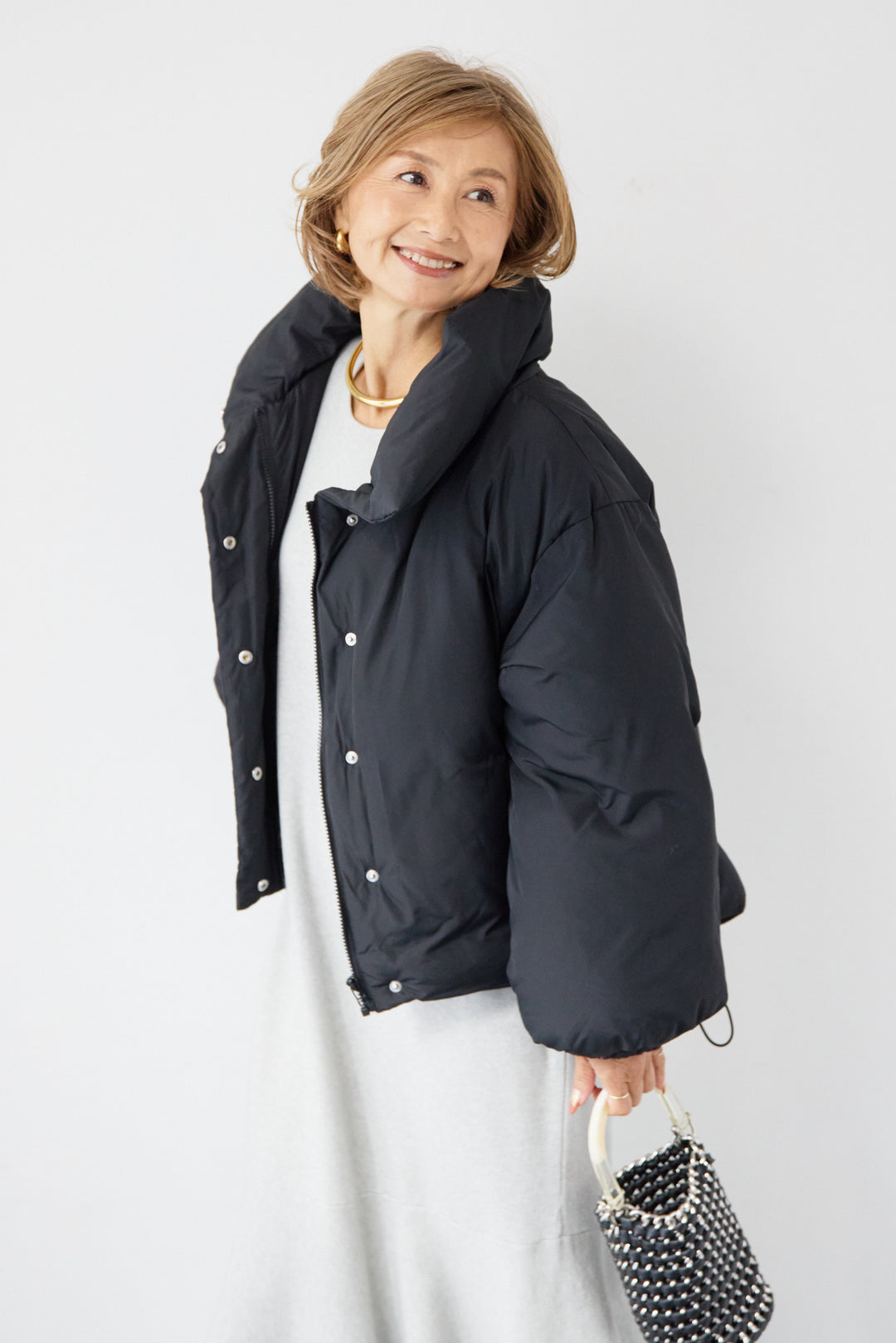 [SET]フレアヘムニットワンピース+スタンドカラー中綿ショートブルゾン(2set)