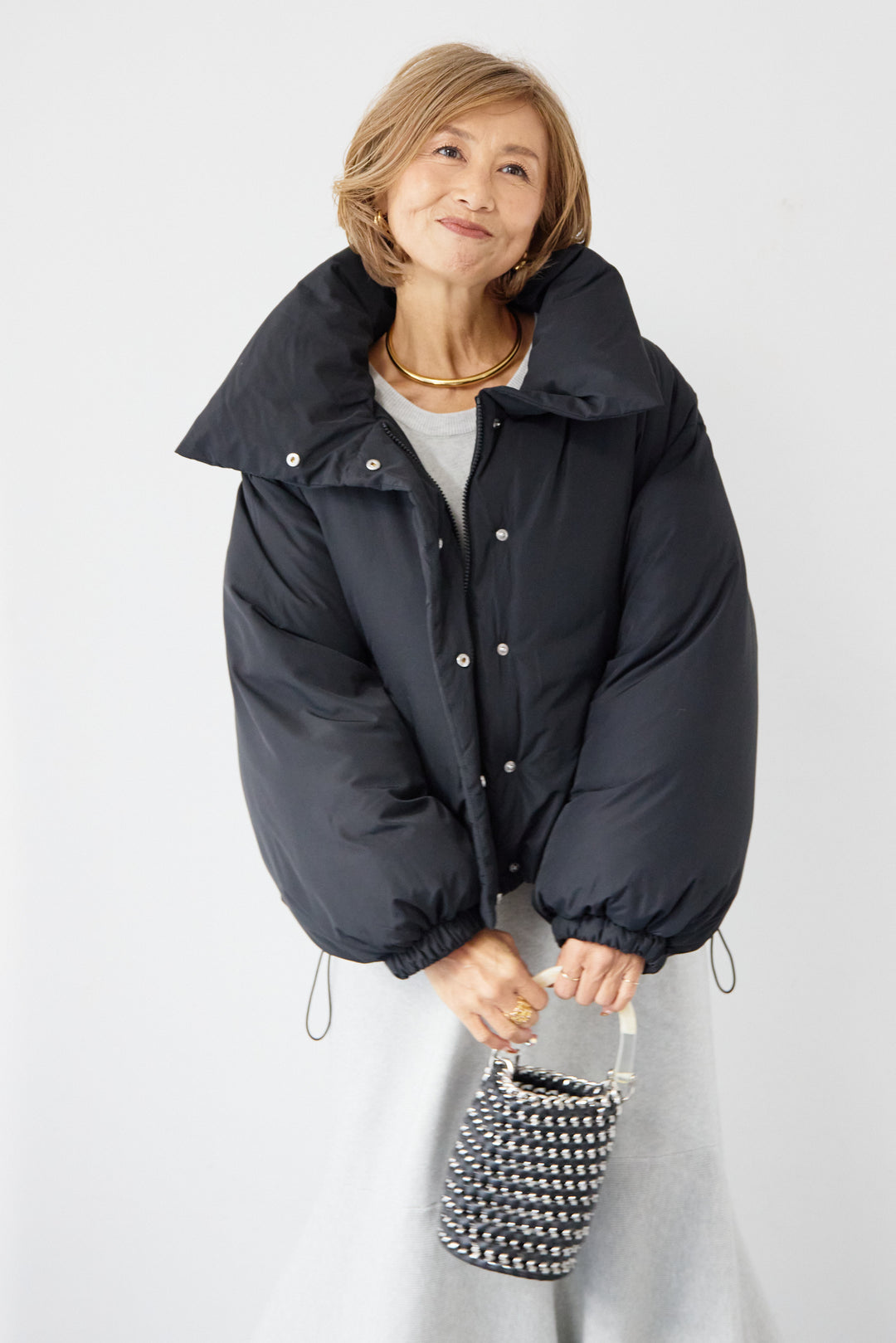 [SET]フレアヘムニットワンピース+スタンドカラー中綿ショートブルゾン(2set)