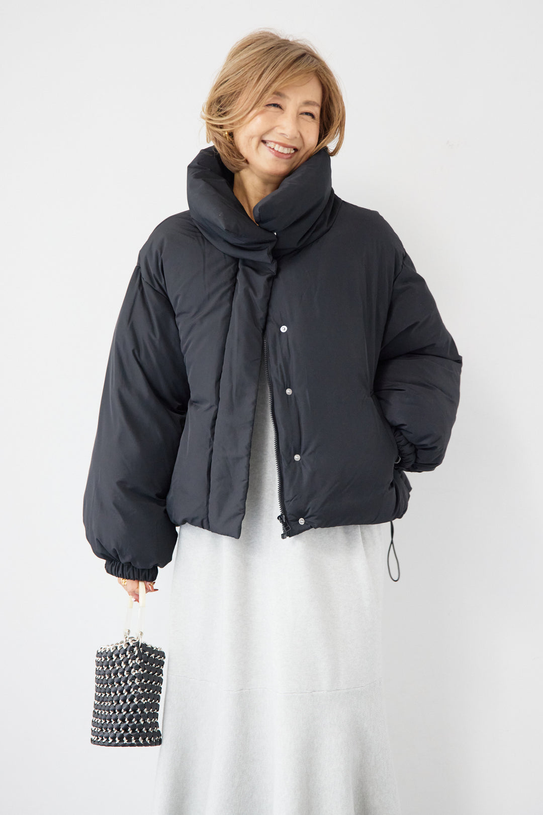 [SET]フレアヘムニットワンピース+スタンドカラー中綿ショートブルゾン(2set)