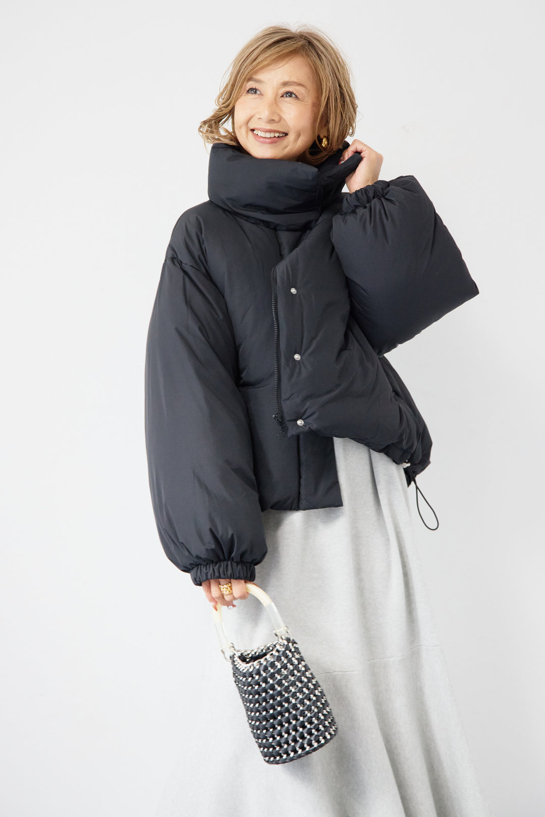 [SET]フレアヘムニットワンピース+スタンドカラー中綿ショートブルゾン(2set)