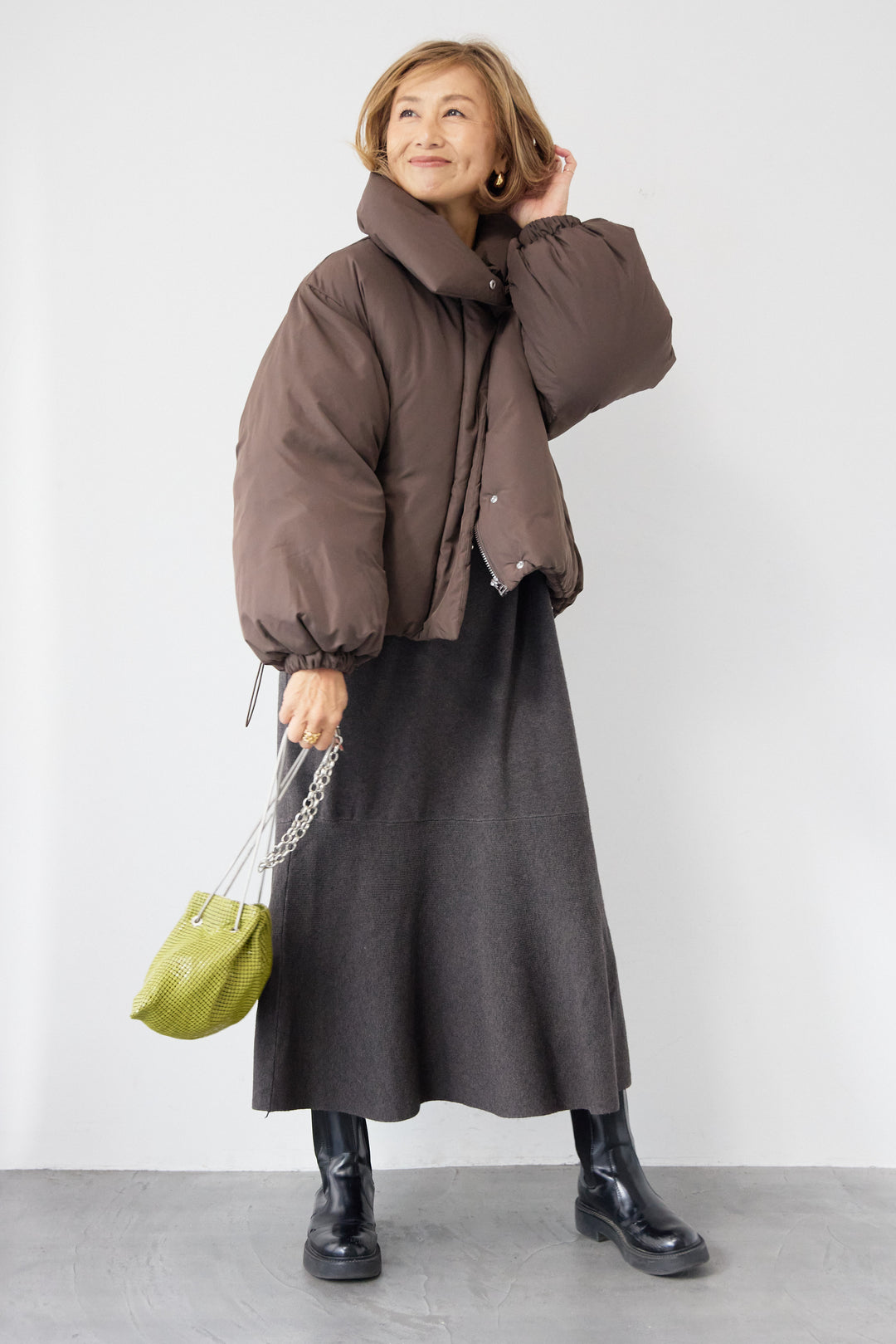 [SET]フレアヘムニットワンピース+スタンドカラー中綿ショートブルゾン(2set)