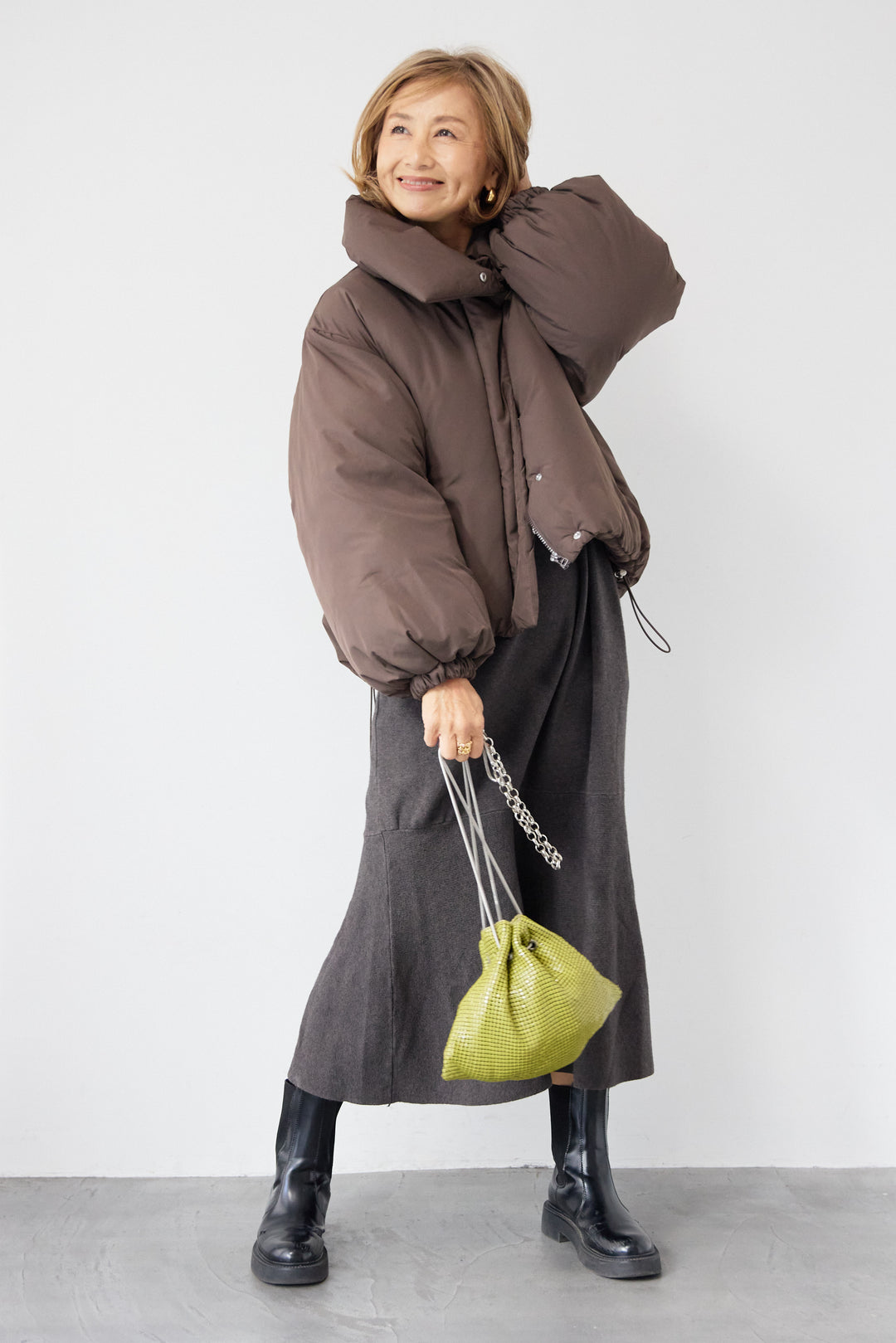 [SET]フレアヘムニットワンピース+スタンドカラー中綿ショートブルゾン(2set)