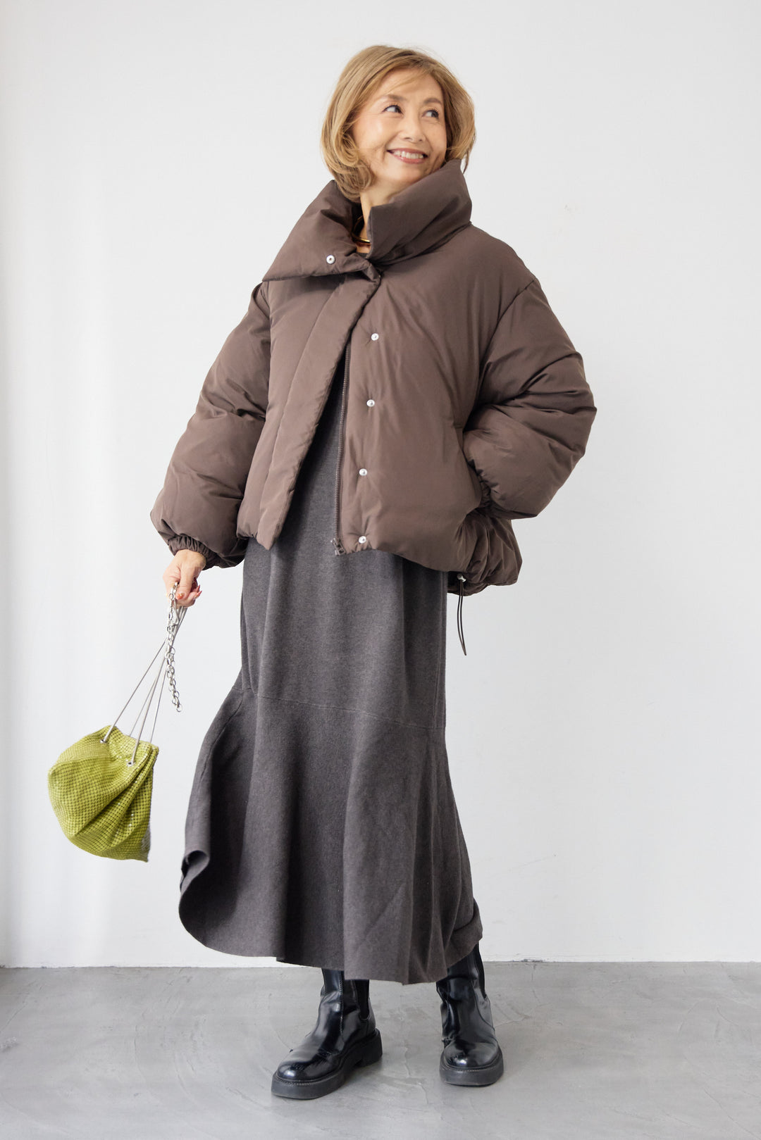 [SET]フレアヘムニットワンピース+スタンドカラー中綿ショートブルゾン(2set)