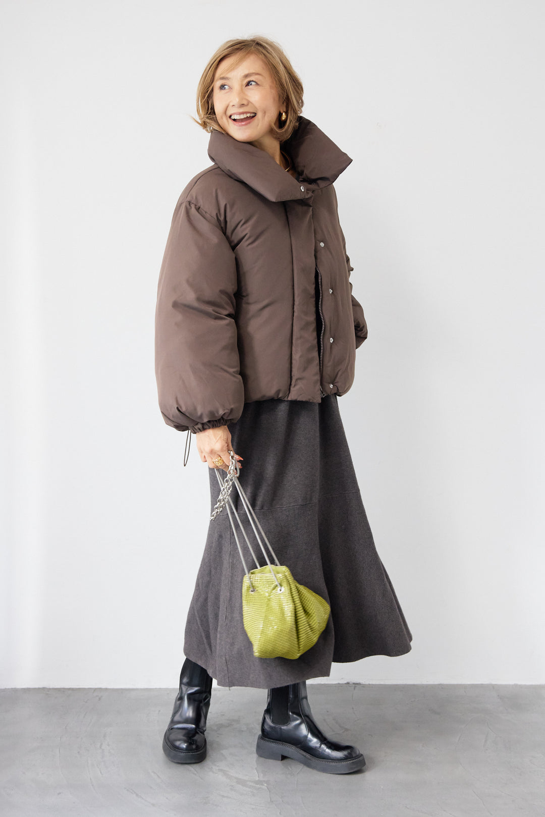 [SET]フレアヘムニットワンピース+スタンドカラー中綿ショートブルゾン(2set)