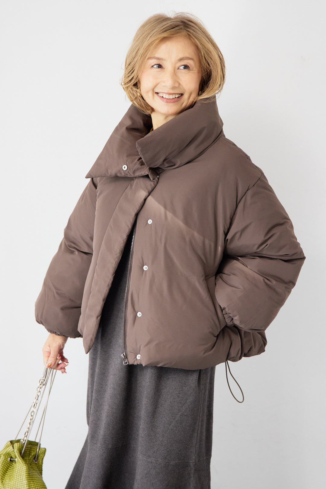 [SET]フレアヘムニットワンピース+スタンドカラー中綿ショートブルゾン(2set)