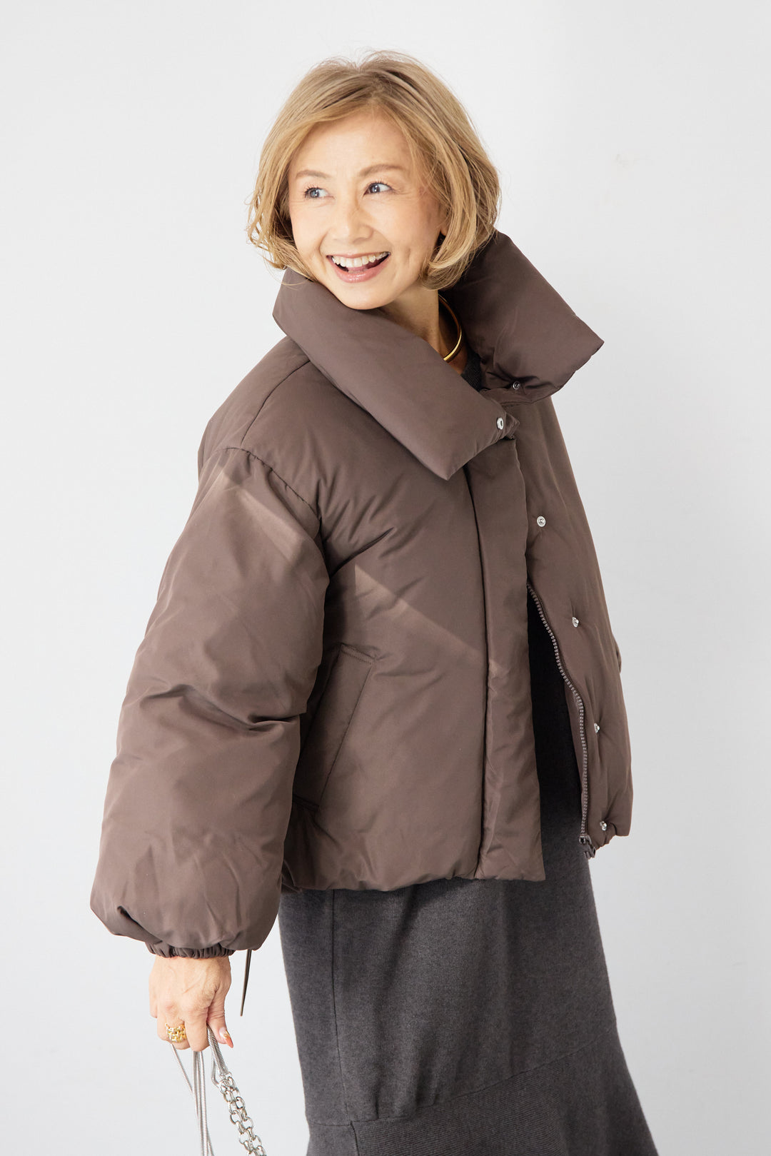 [SET]フレアヘムニットワンピース+スタンドカラー中綿ショートブルゾン(2set)