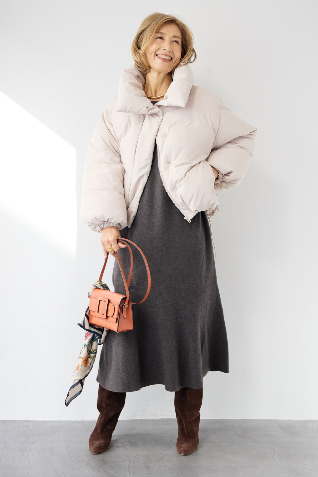 [SET]フレアヘムニットワンピース+スタンドカラー中綿ショートブルゾン(2set)