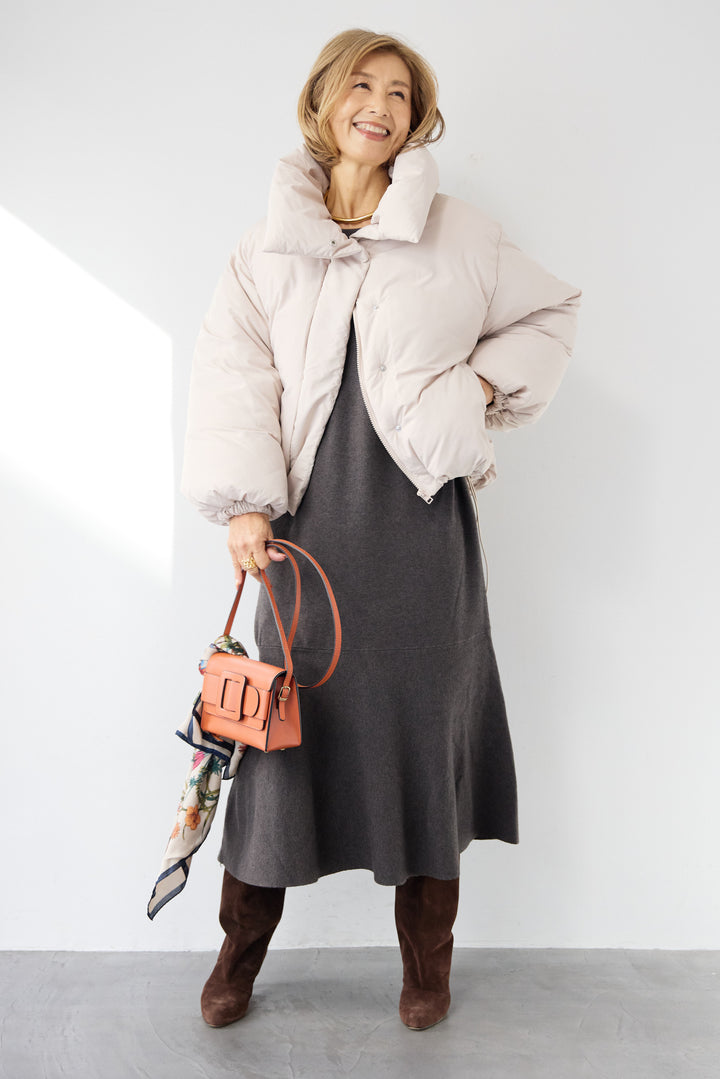 [SET]フレアヘムニットワンピース+スタンドカラー中綿ショートブルゾン(2set)