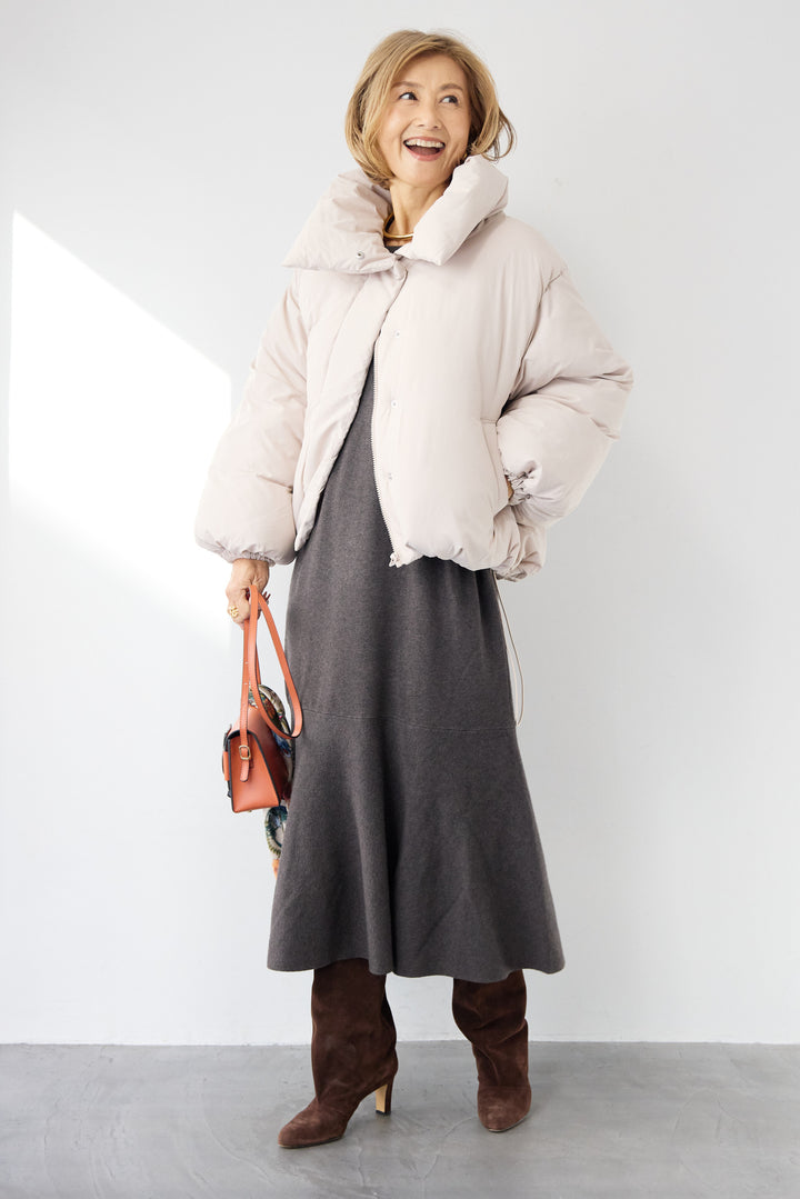 [SET]フレアヘムニットワンピース+スタンドカラー中綿ショートブルゾン(2set)