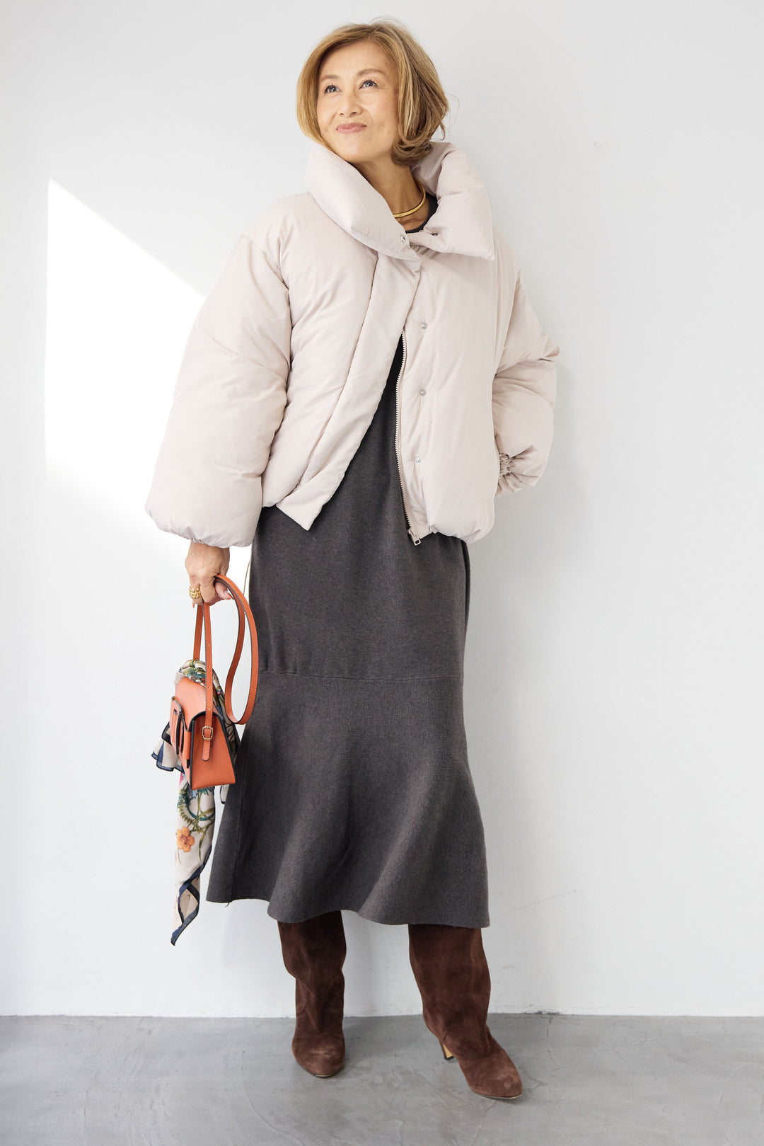 [SET]フレアヘムニットワンピース+スタンドカラー中綿ショートブルゾン(2set)