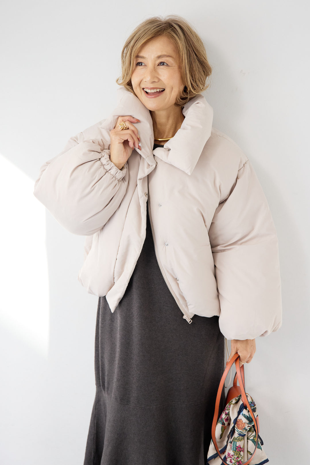 [SET]フレアヘムニットワンピース+スタンドカラー中綿ショートブルゾン(2set)