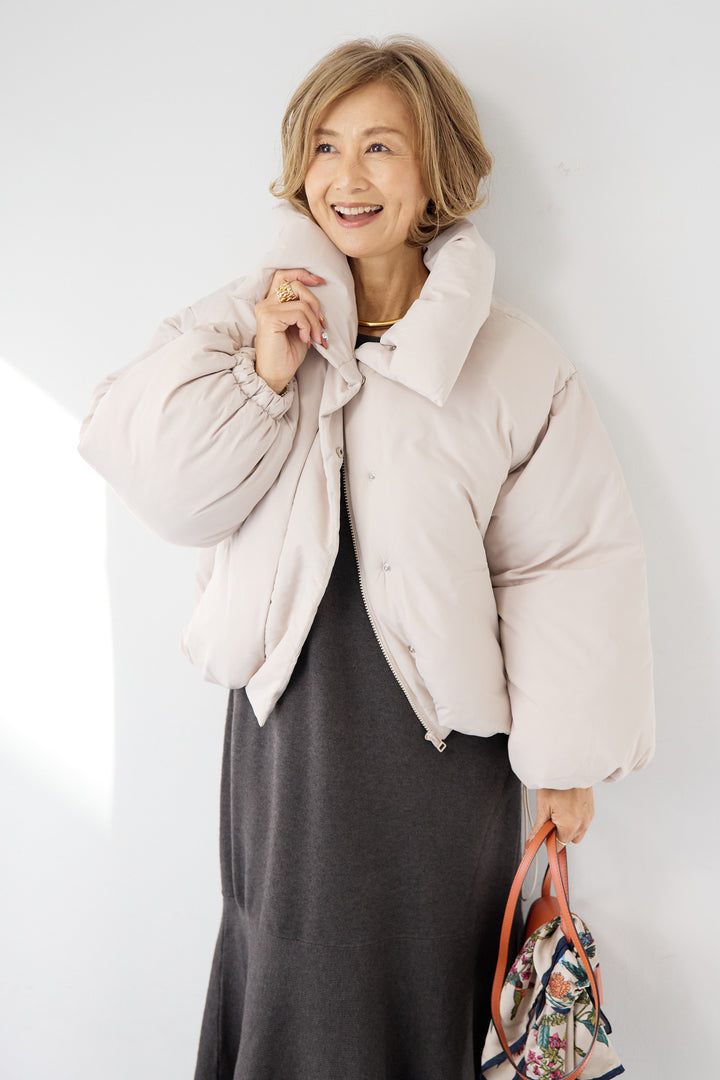 [SET]フレアヘムニットワンピース+スタンドカラー中綿ショートブルゾン(2set)