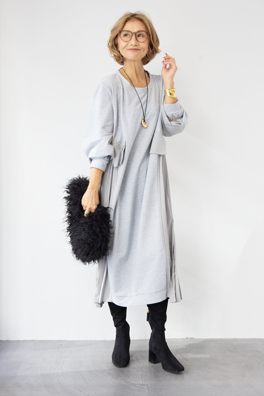 ジップポケット異素材ドッキングワンピース