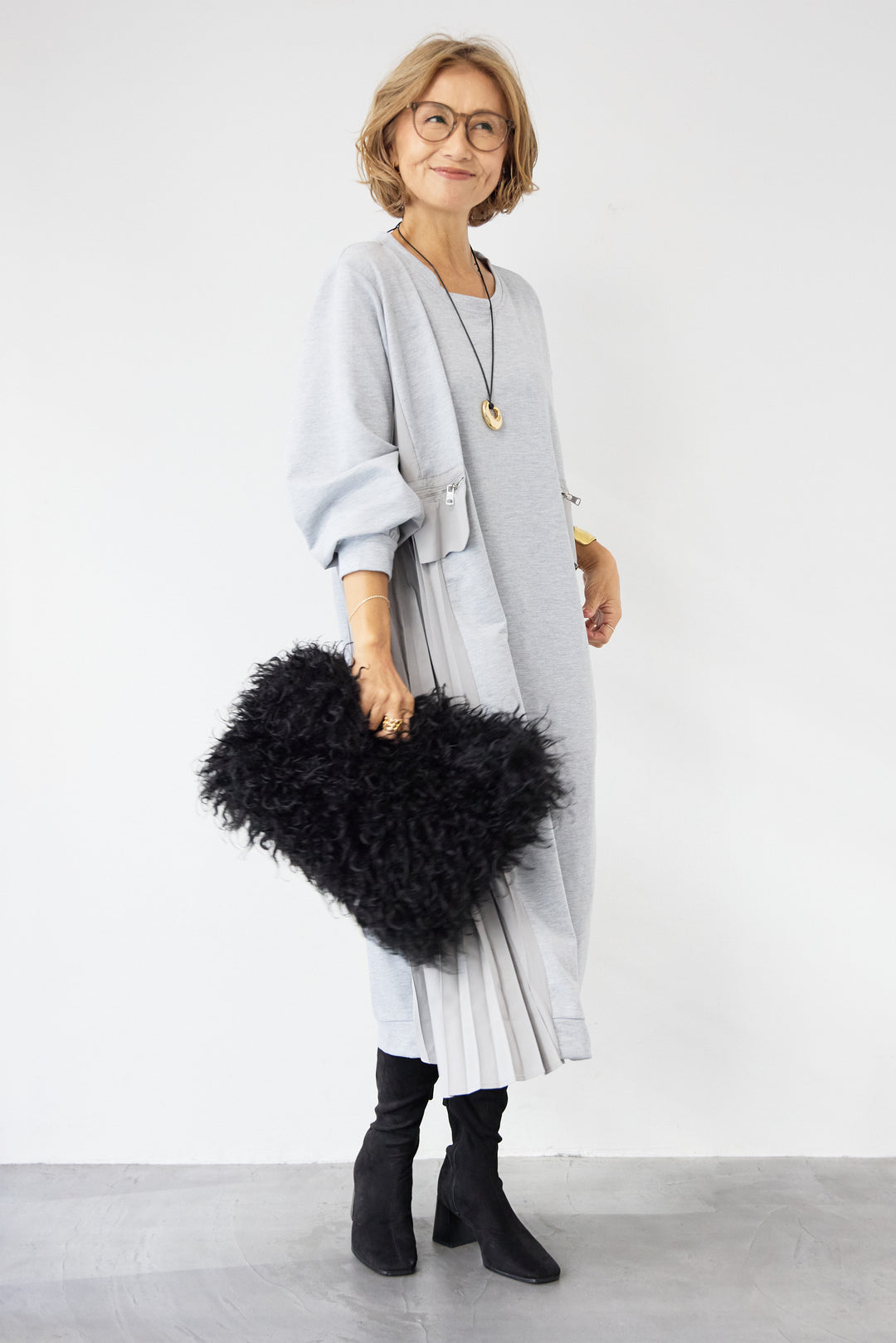 ジップポケット異素材ドッキングワンピース