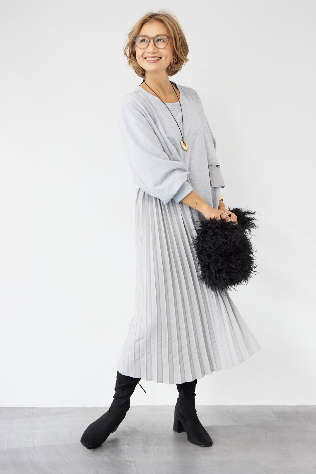 ジップポケット異素材ドッキングワンピース