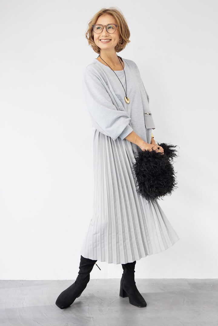 ジップポケット異素材ドッキングワンピース