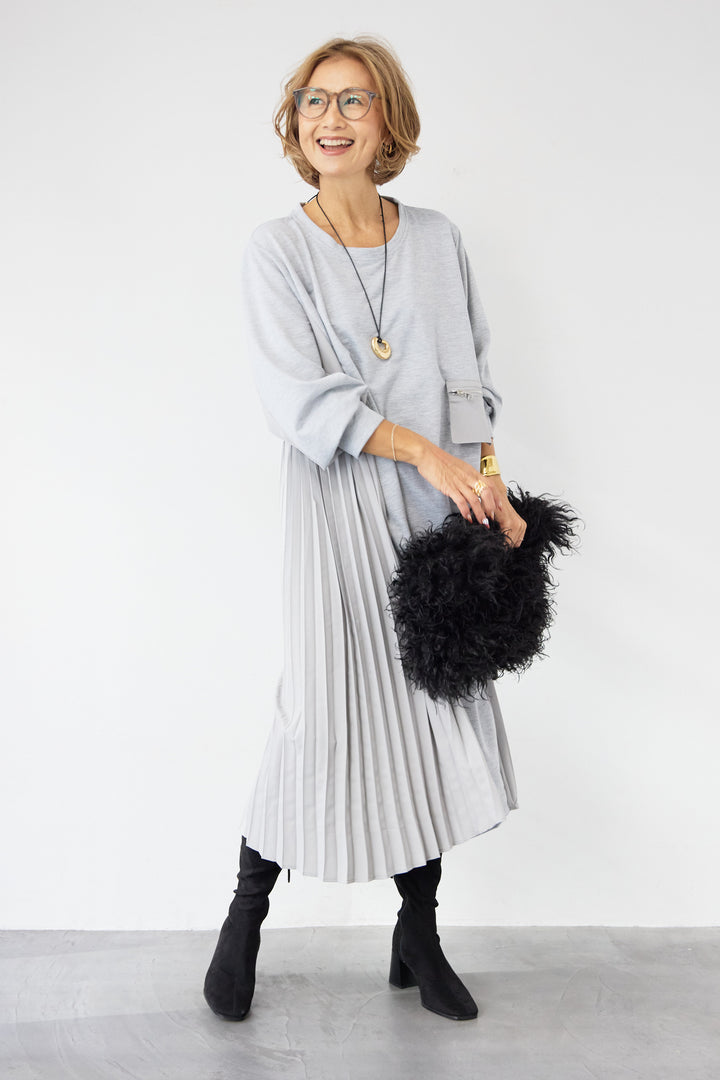 ジップポケット異素材ドッキングワンピース