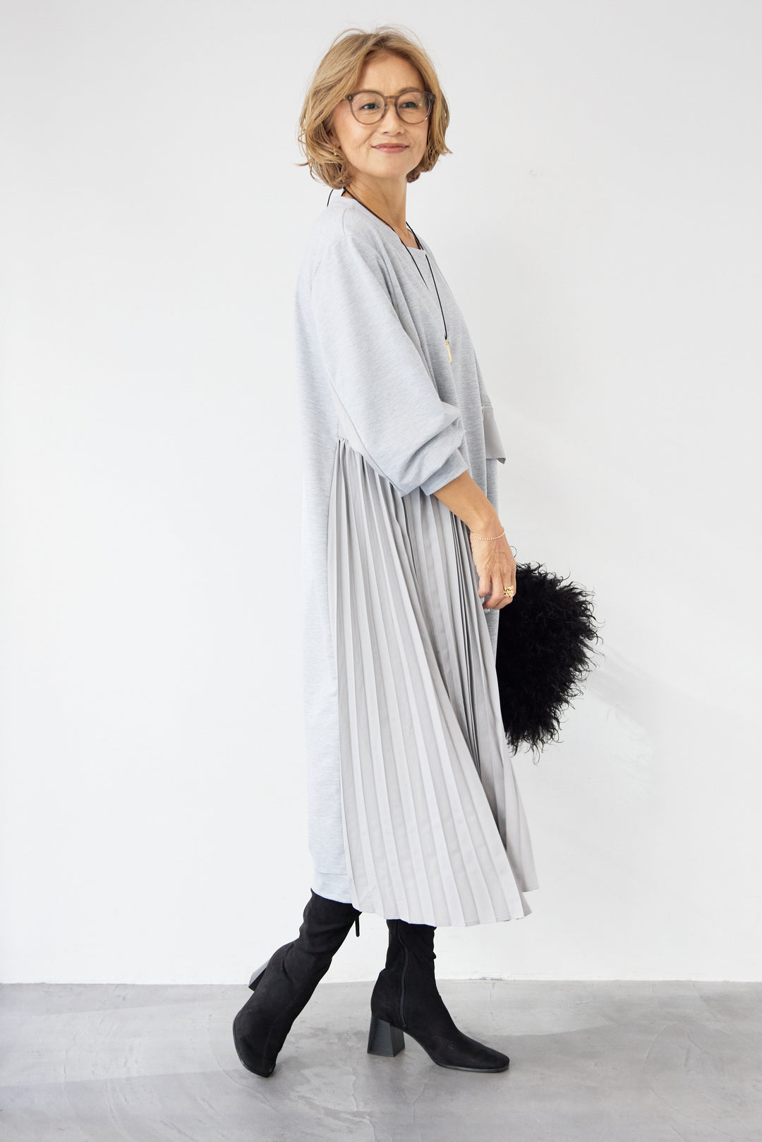 ジップポケット異素材ドッキングワンピース