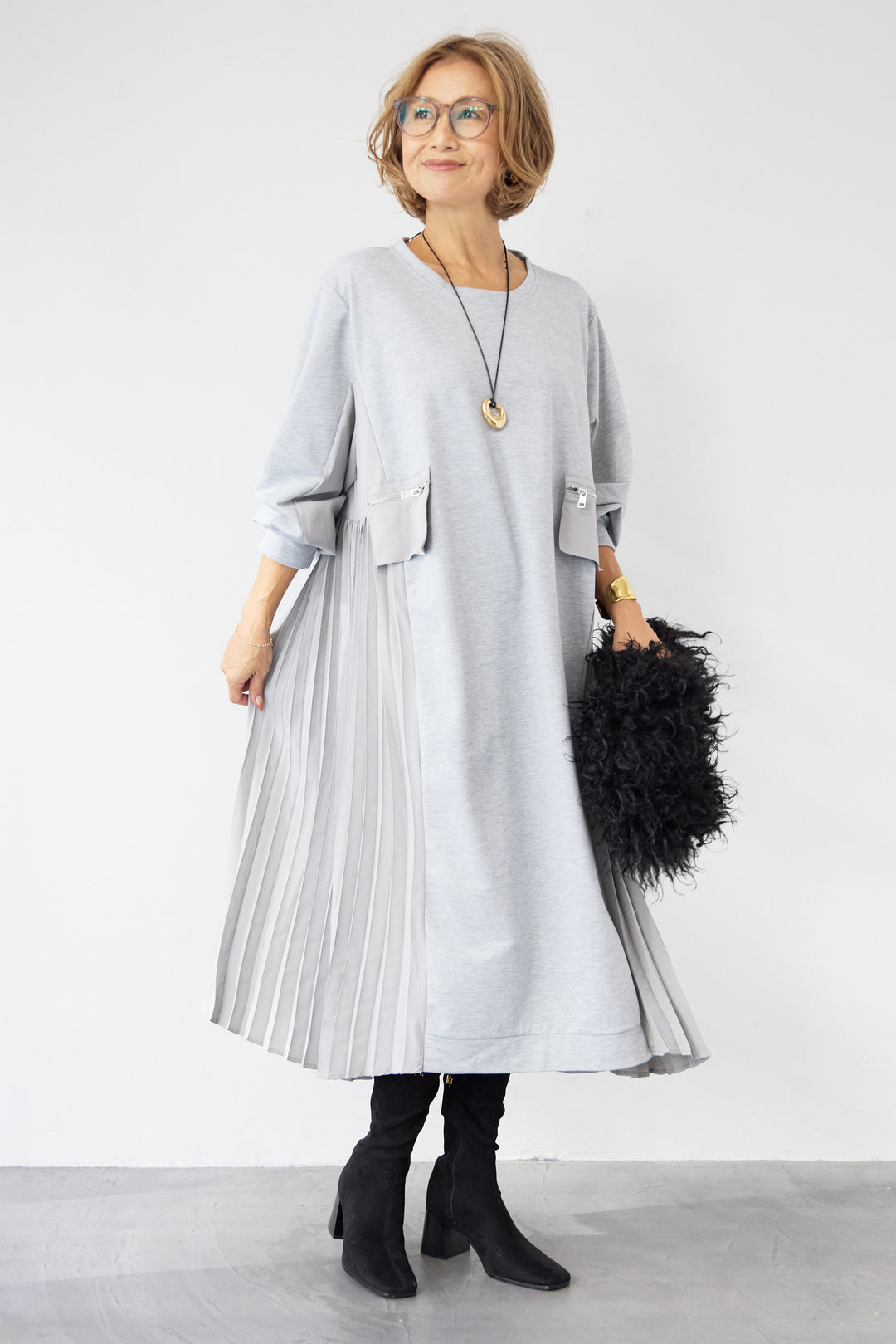 ジップポケット異素材ドッキングワンピース