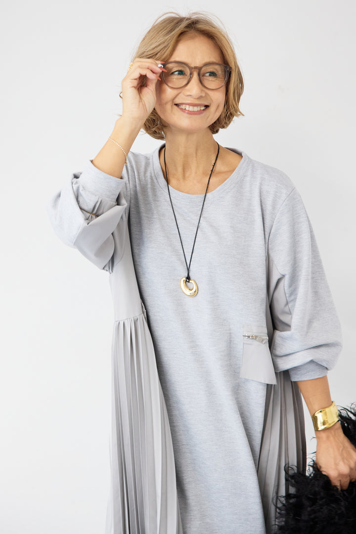 ジップポケット異素材ドッキングワンピース