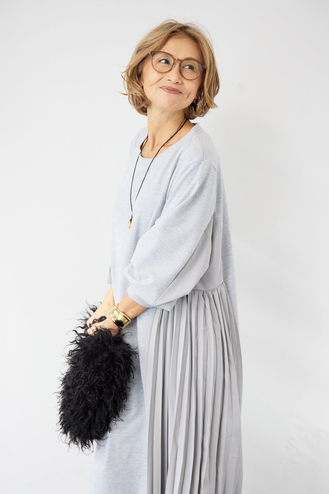 ジップポケット異素材ドッキングワンピース