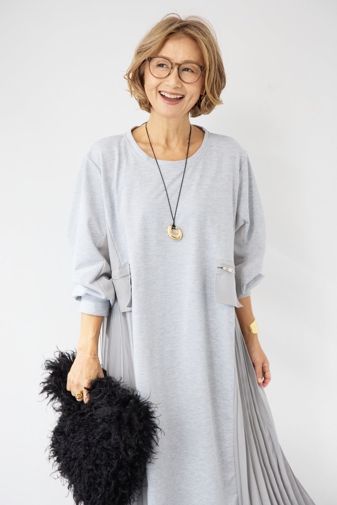 ジップポケット異素材ドッキングワンピース