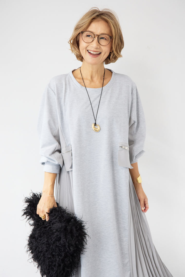 ジップポケット異素材ドッキングワンピース