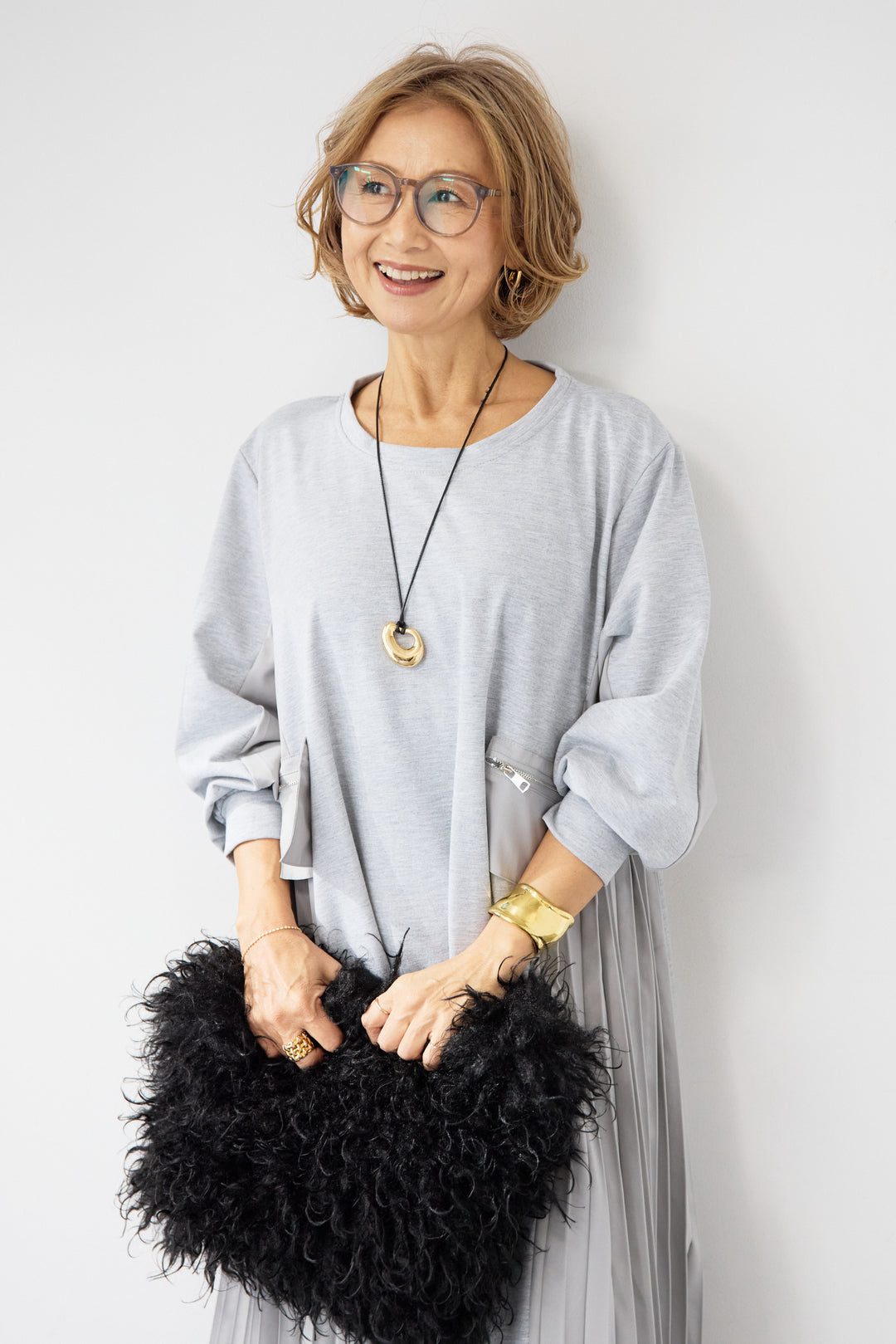 ジップポケット異素材ドッキングワンピース