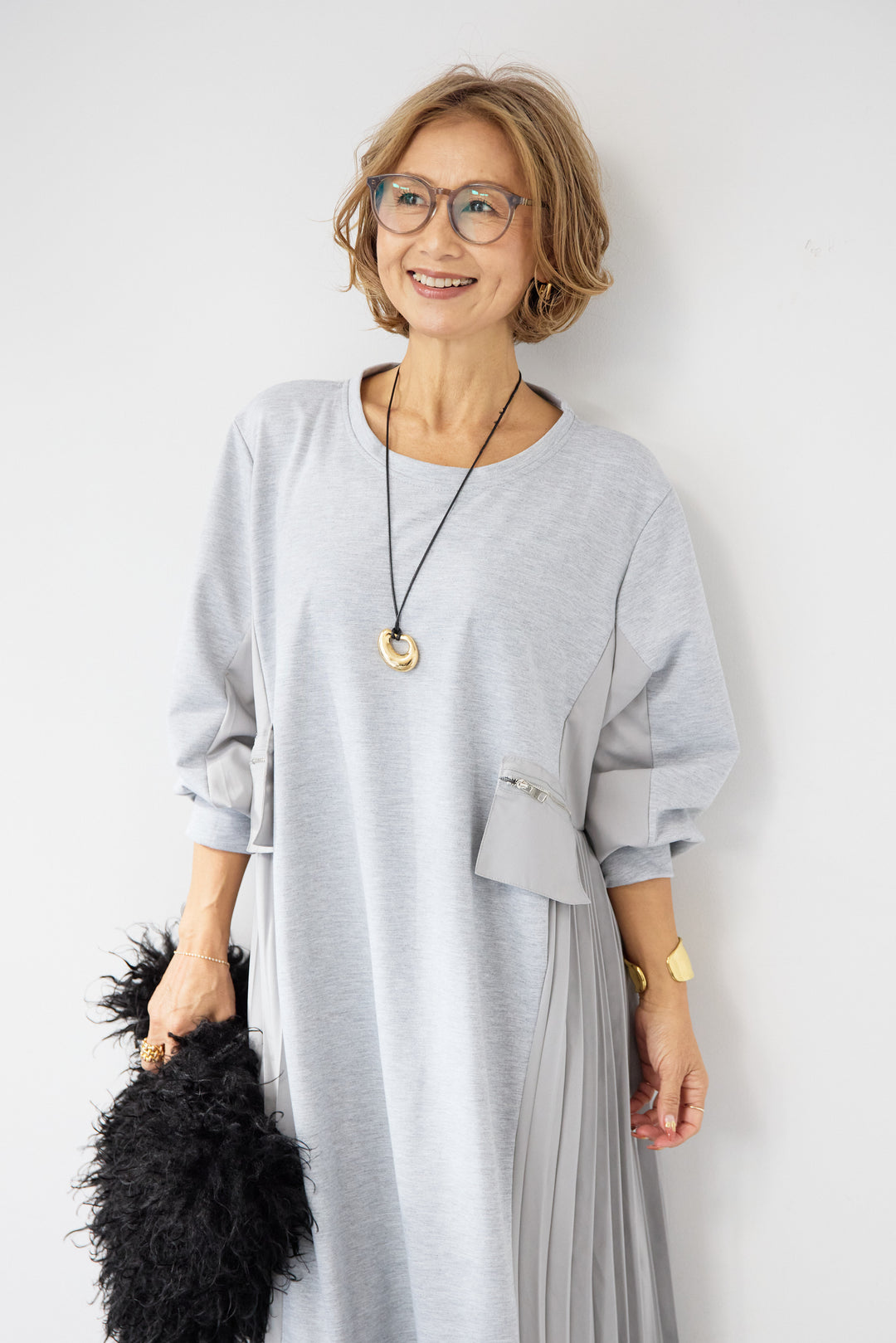 ジップポケット異素材ドッキングワンピース