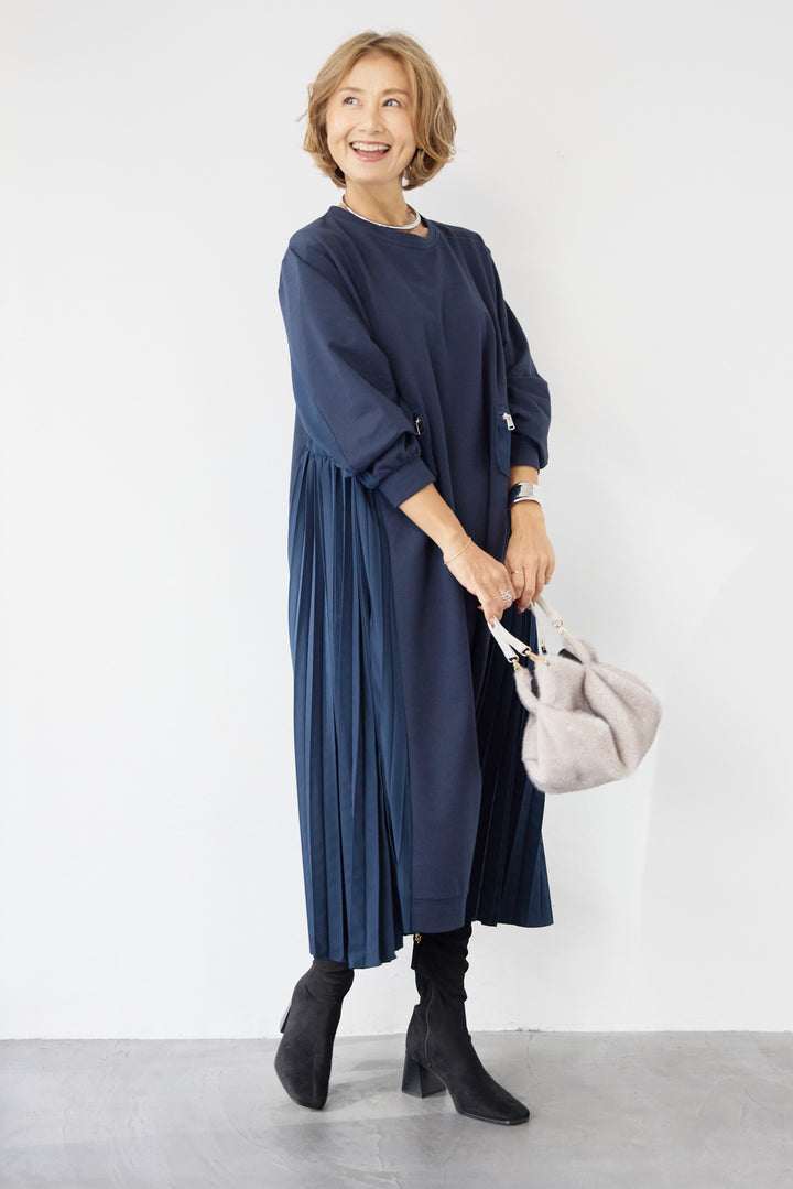 ジップポケット異素材ドッキングワンピース