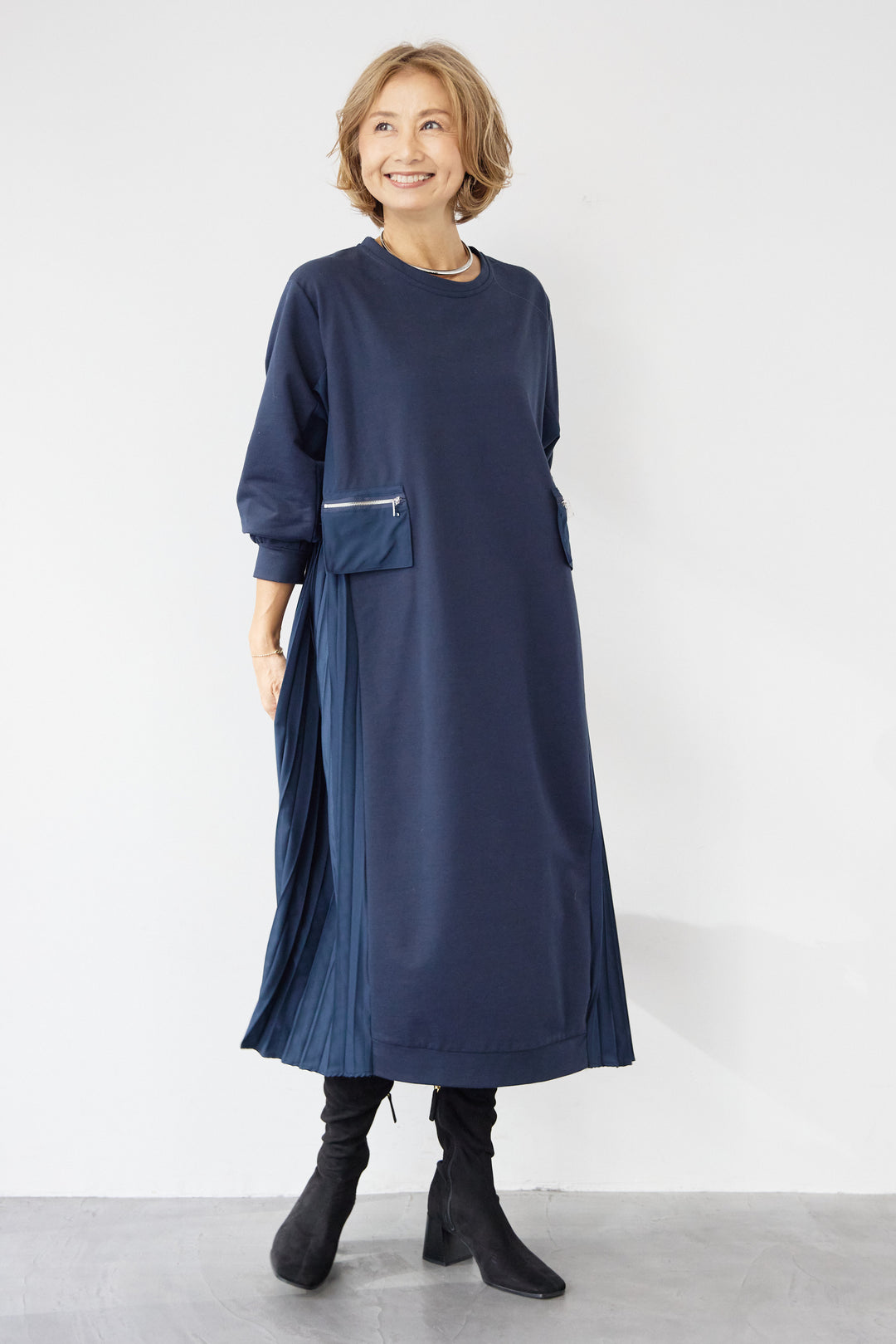 ジップポケット異素材ドッキングワンピース