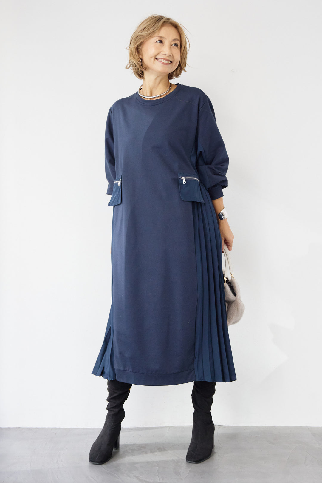 ジップポケット異素材ドッキングワンピース