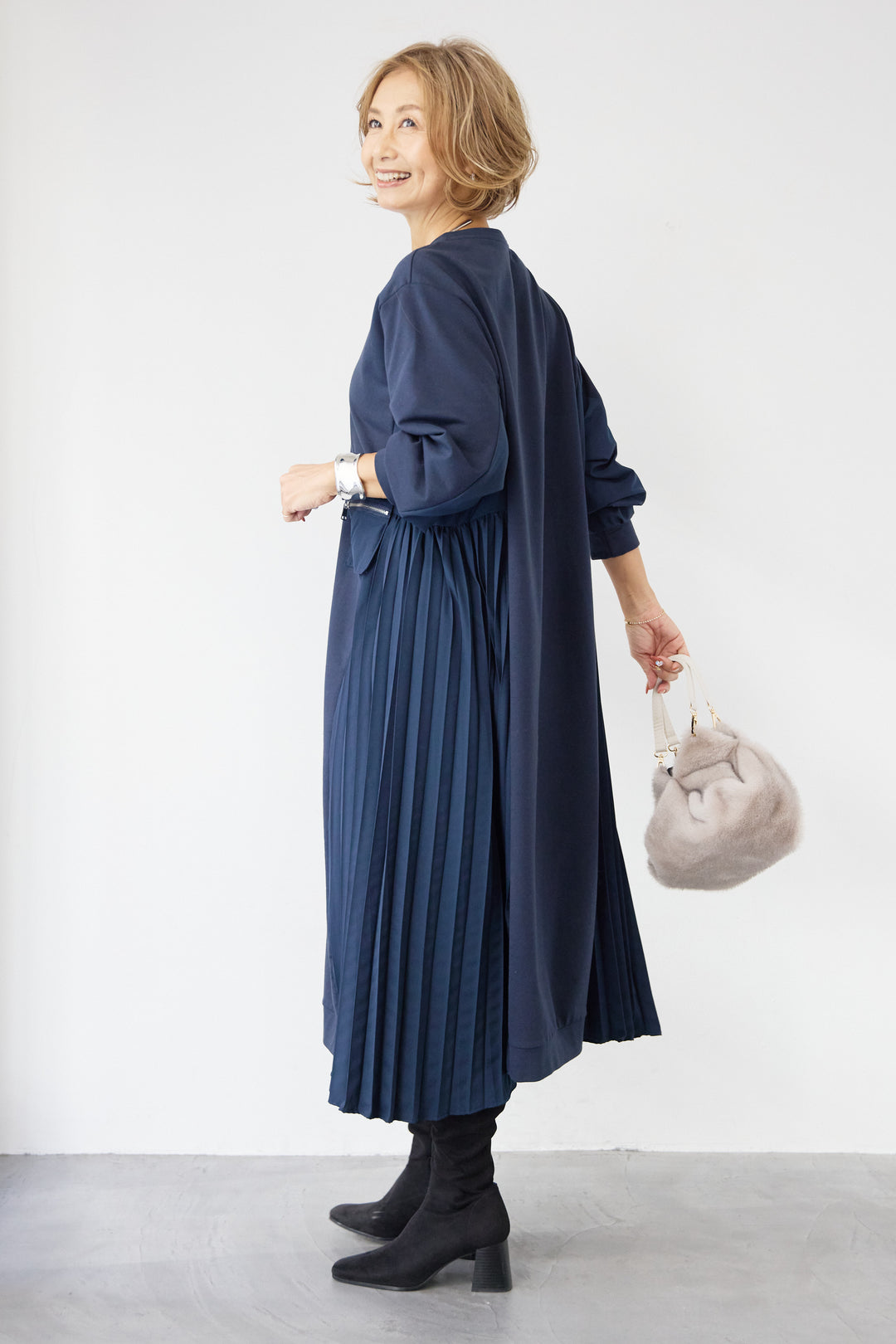 ジップポケット異素材ドッキングワンピース