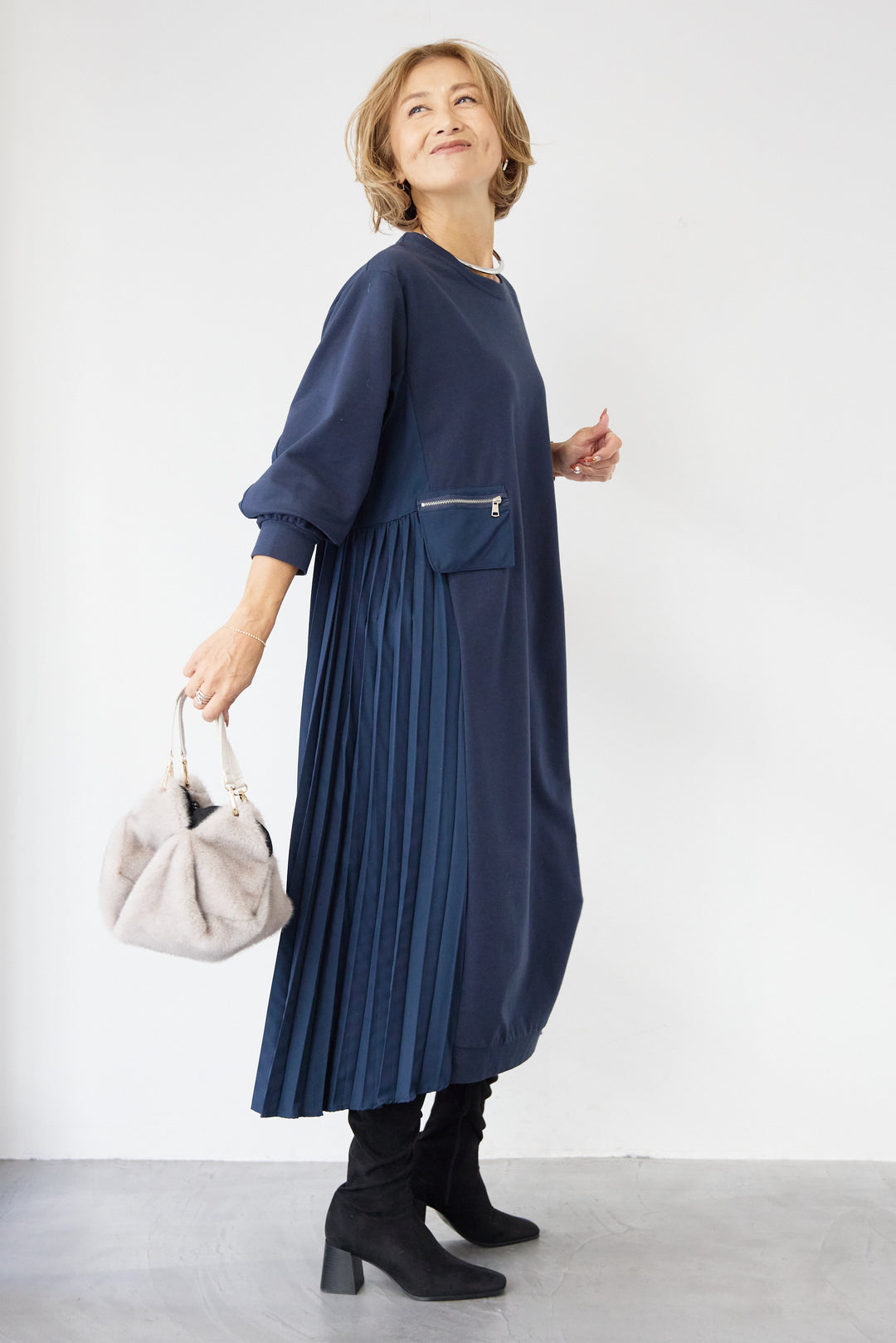 ジップポケット異素材ドッキングワンピース