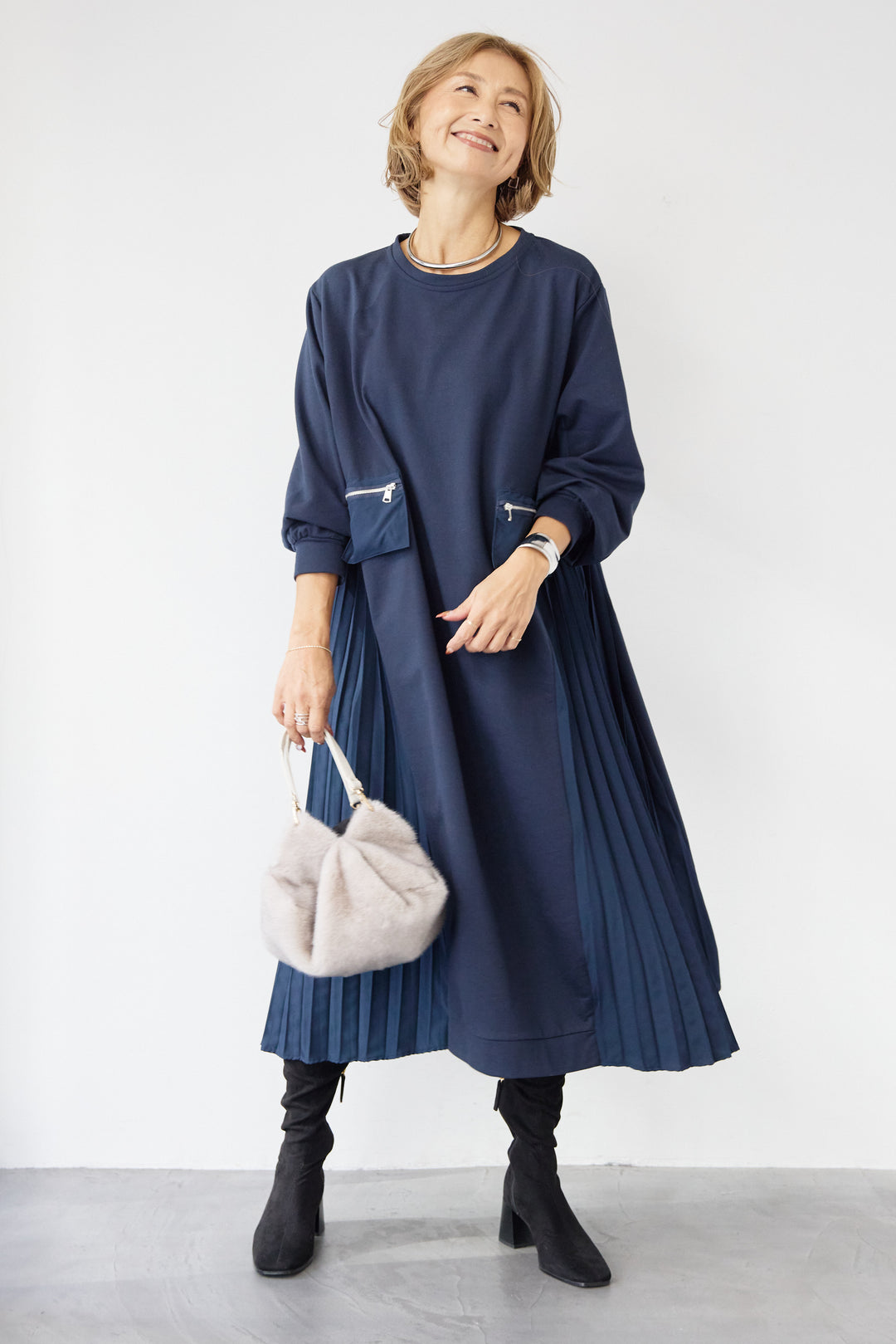 ジップポケット異素材ドッキングワンピース