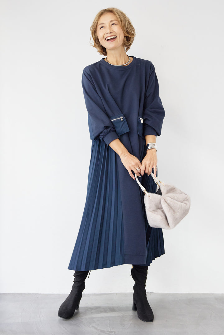 ジップポケット異素材ドッキングワンピース