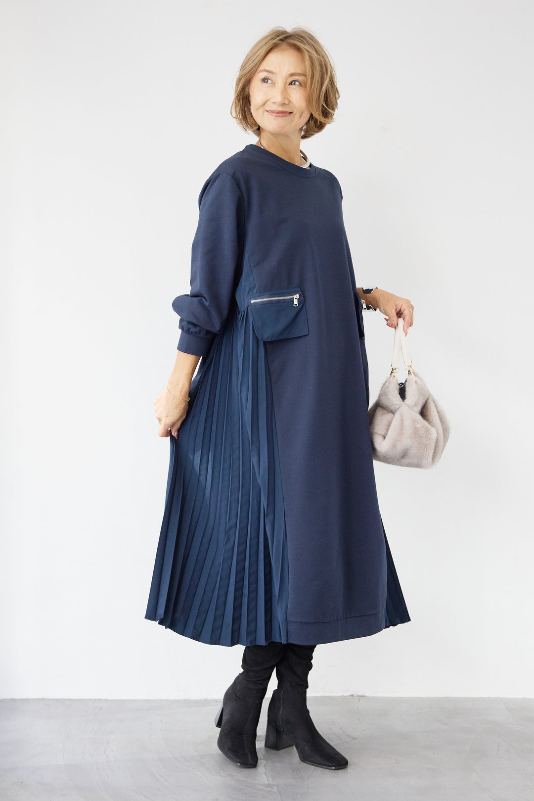 ジップポケット異素材ドッキングワンピース