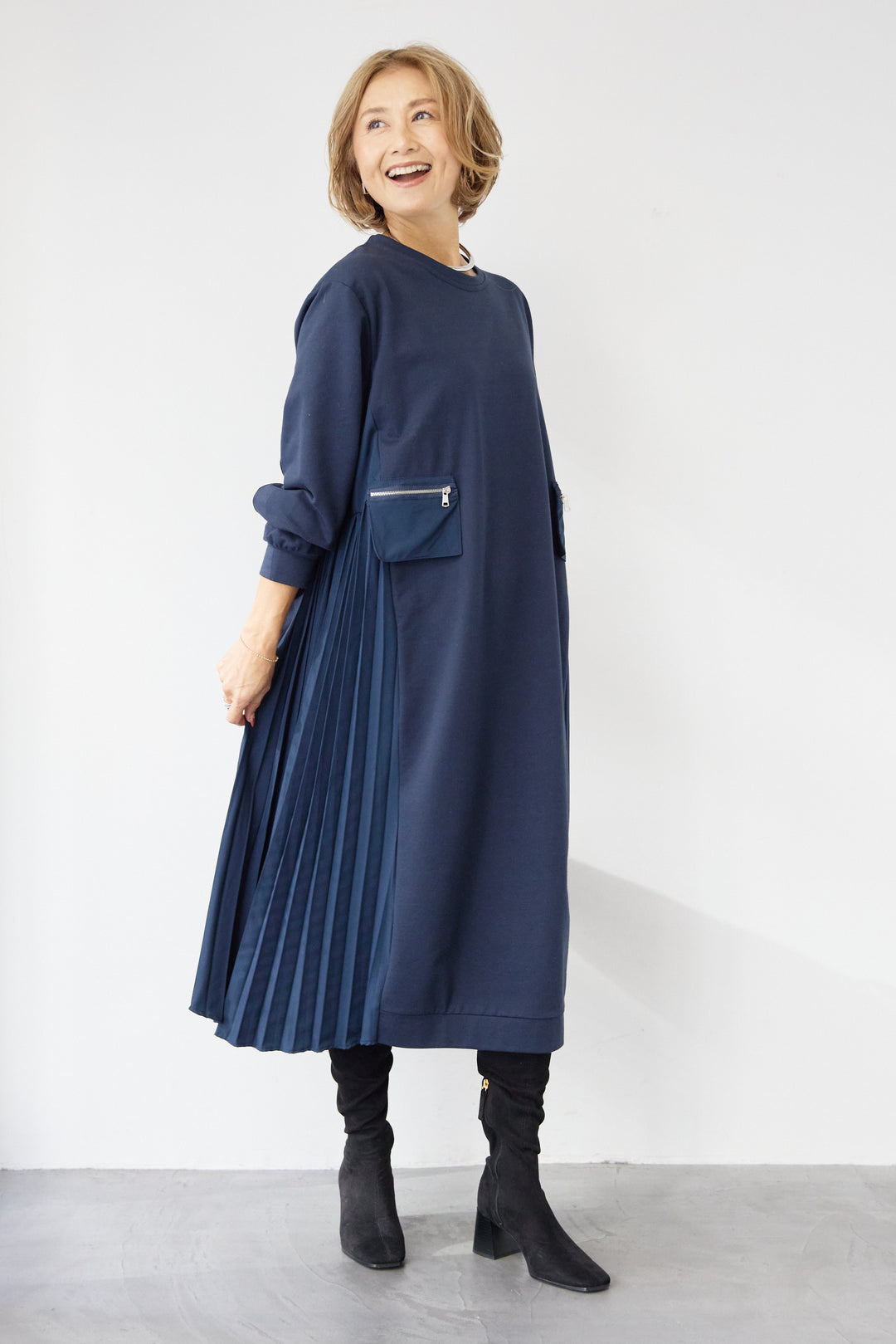 ジップポケット異素材ドッキングワンピース