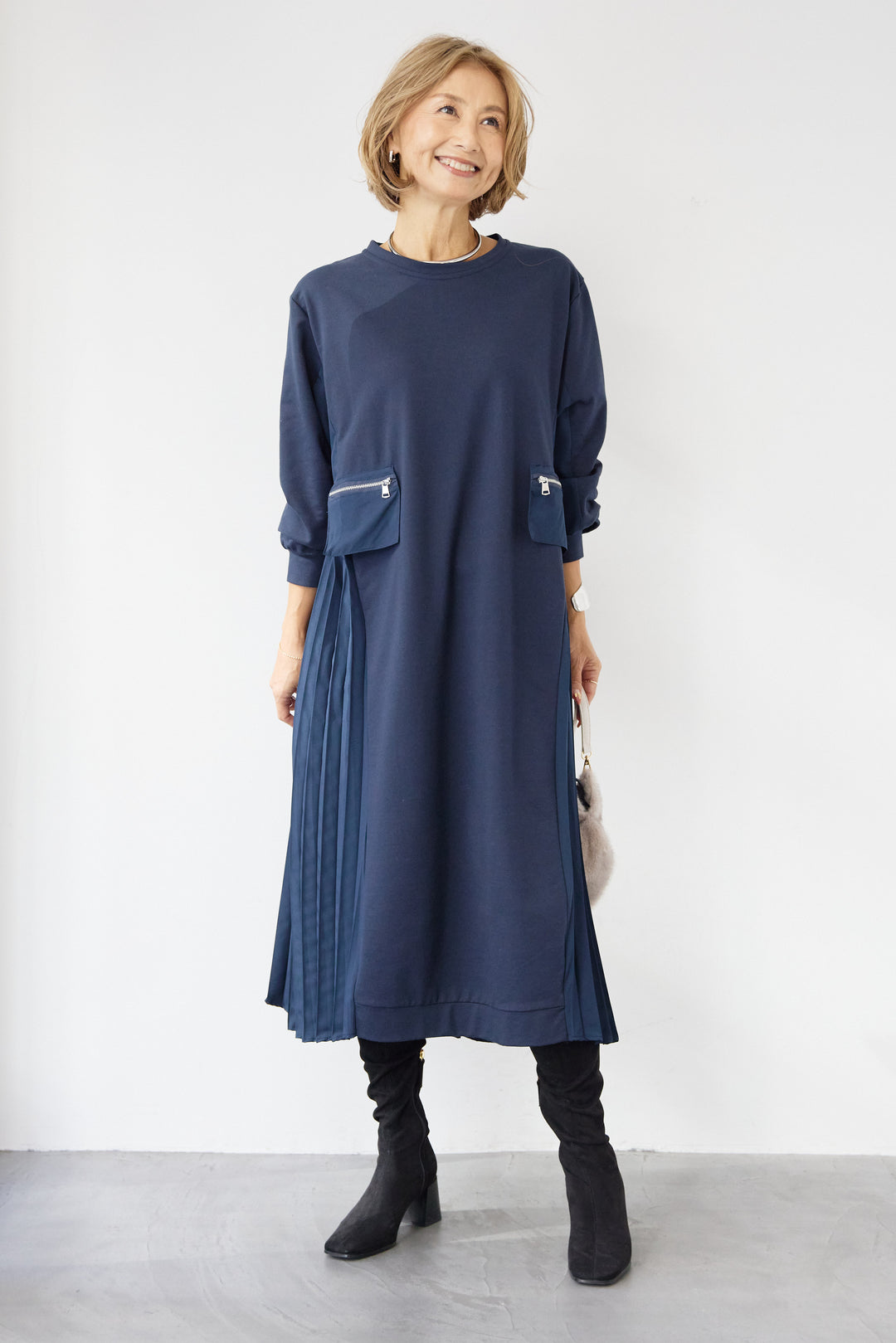 ジップポケット異素材ドッキングワンピース