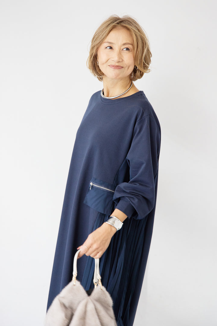 ジップポケット異素材ドッキングワンピース