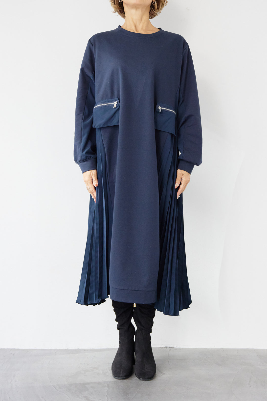 ジップポケット異素材ドッキングワンピース