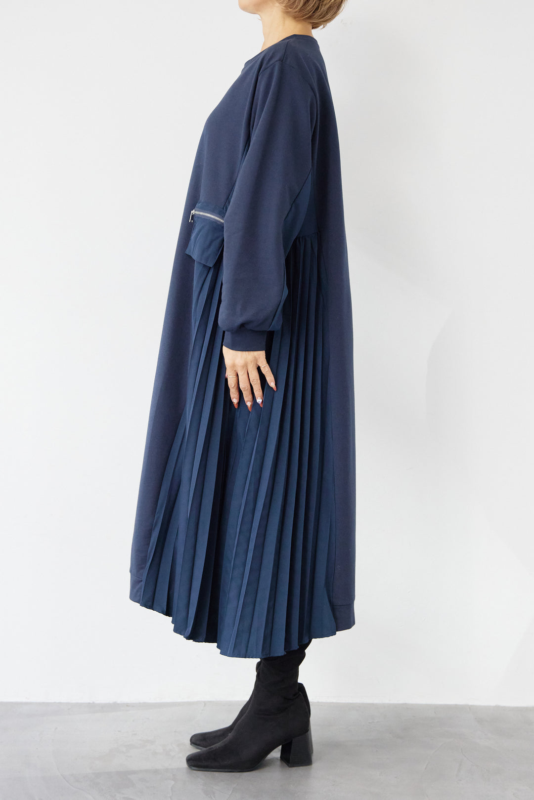 ジップポケット異素材ドッキングワンピース