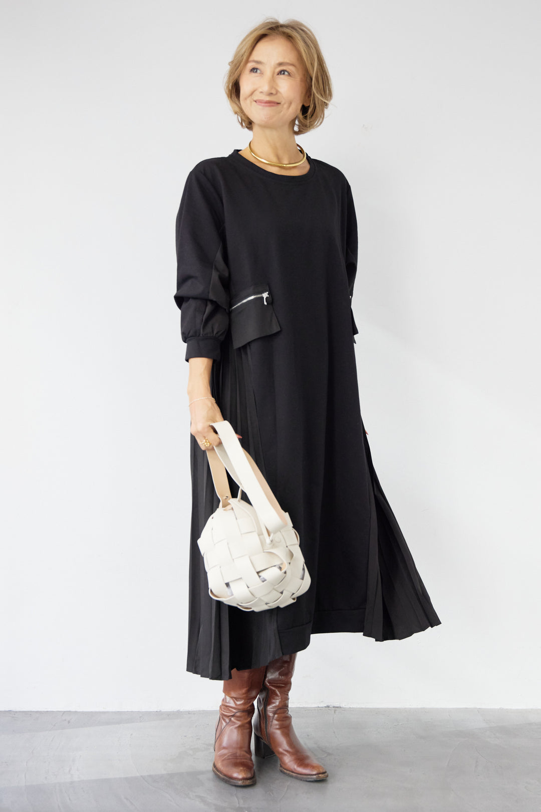 ジップポケット異素材ドッキングワンピース