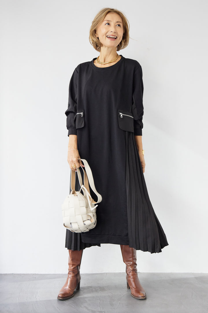 ジップポケット異素材ドッキングワンピース