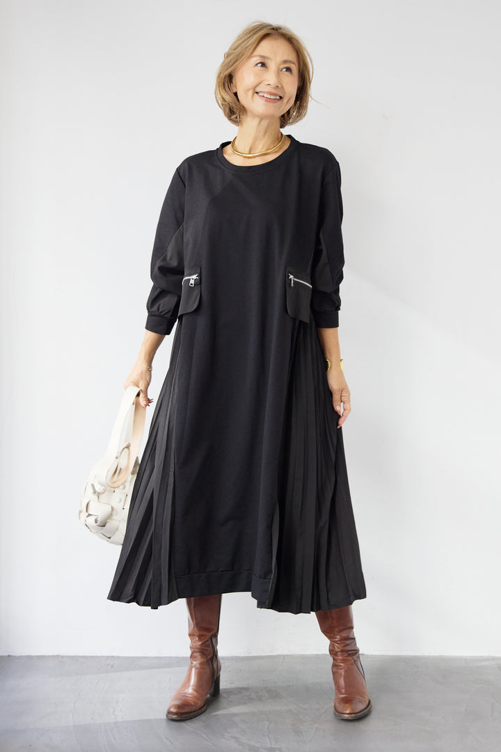 ジップポケット異素材ドッキングワンピース