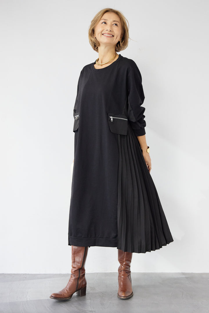 ジップポケット異素材ドッキングワンピース