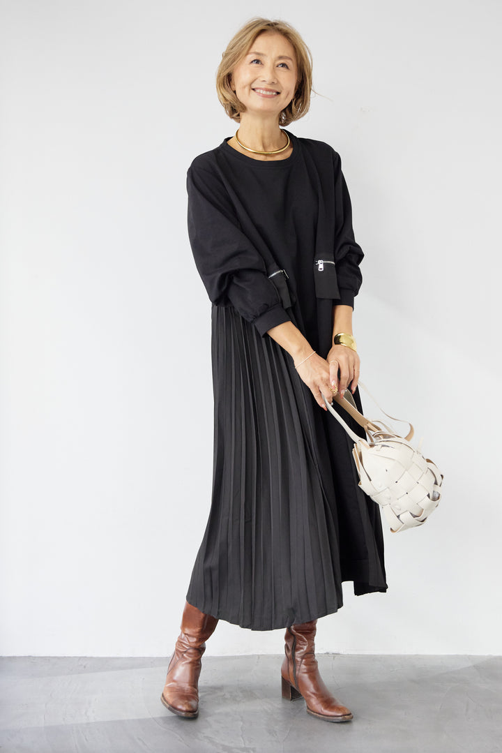 ジップポケット異素材ドッキングワンピース